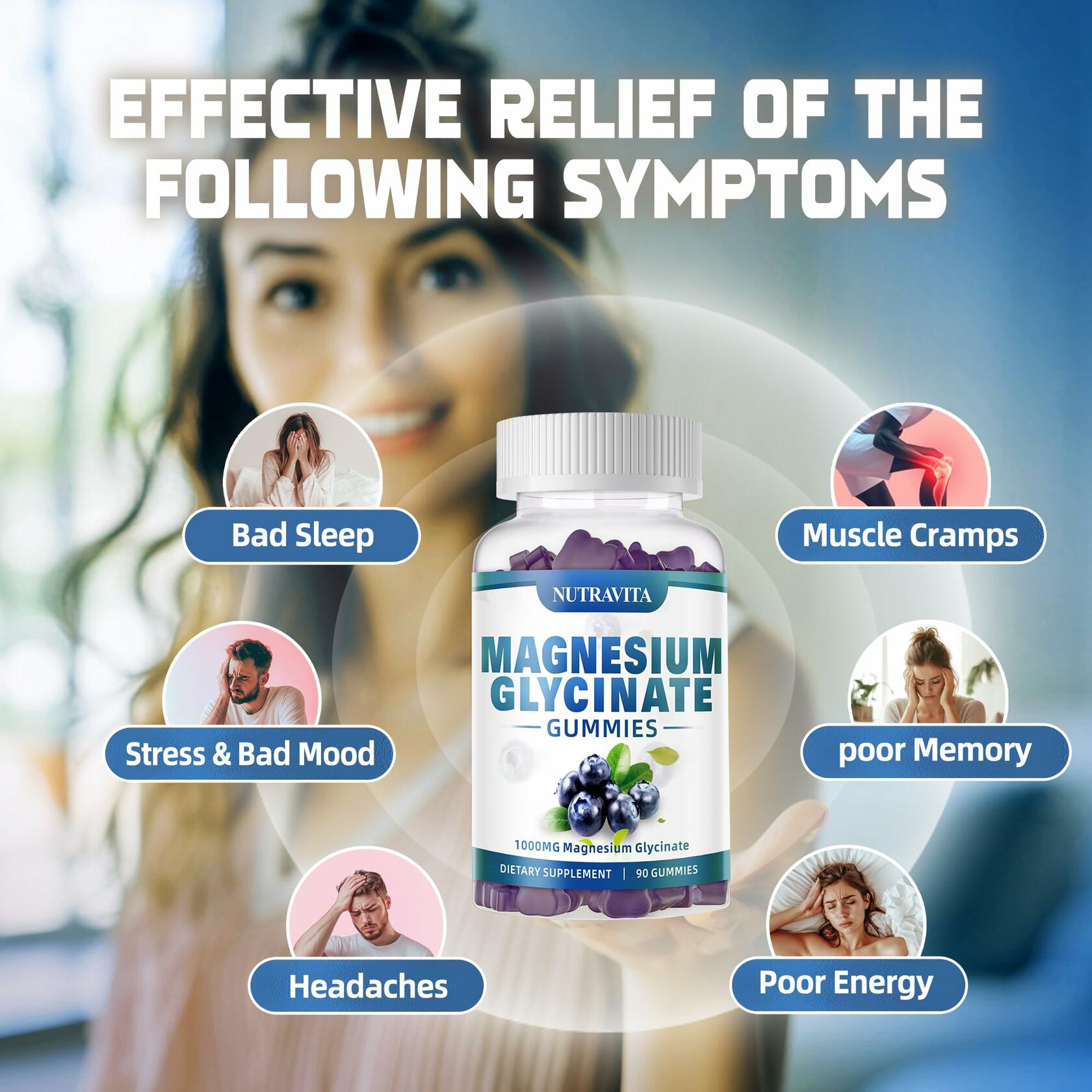BestBy09/26 Nutravita Magnesium Glycinate Gummies 1000mg 90ct Blueberry