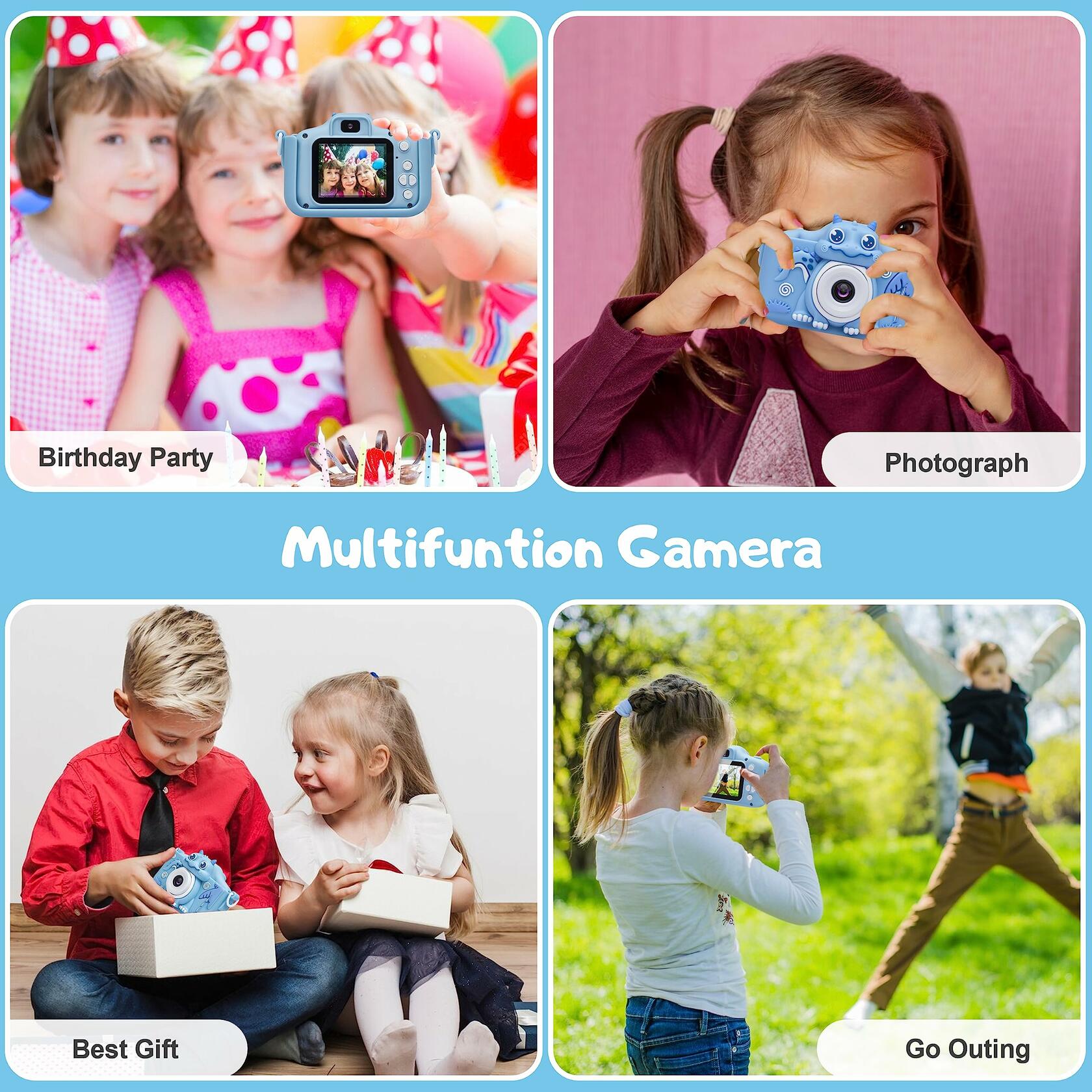 iMisH Kids Camera 1080p Video 1000mAh Battery 32GB TF Card Shockproof Blue