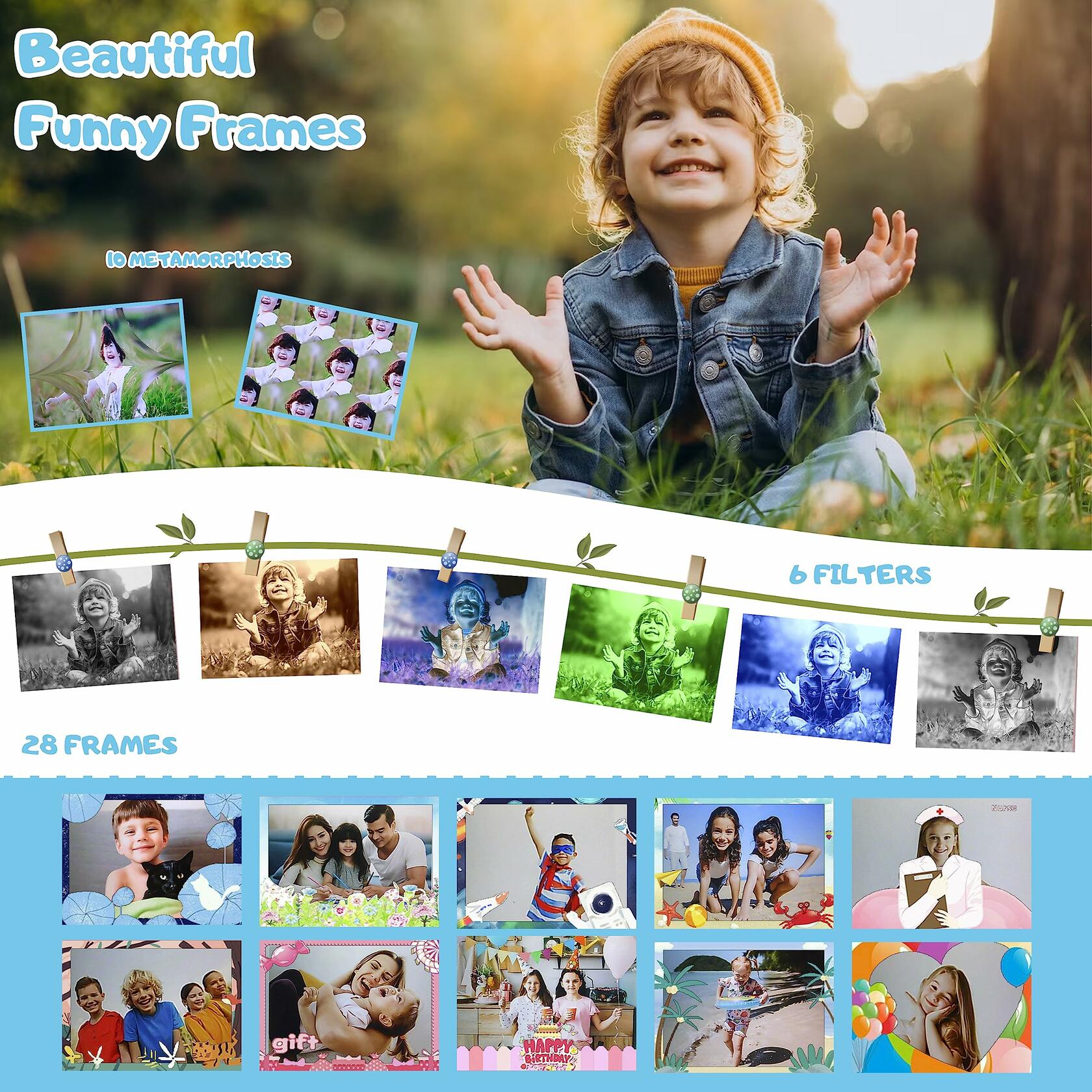 iMisH Kids Camera 1080p Video 1000mAh Battery 32GB TF Card Shockproof Blue
