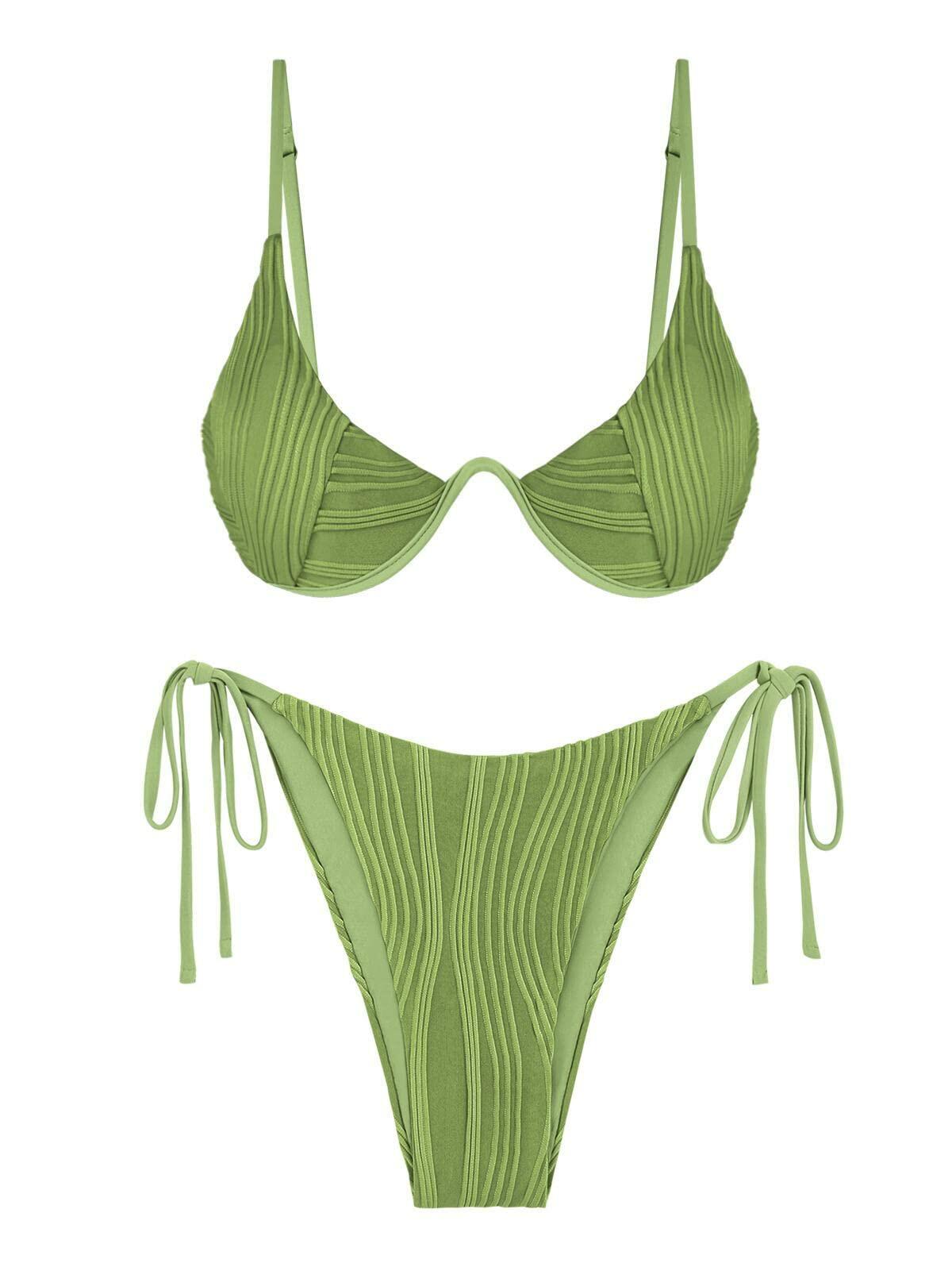 ZAFUL Womens High Cut Thong Bikini Set Swimsuit Sexy Green Size M