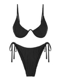 ZAFUL Women's Textured Underwire Bikini Set V Notch High Cut Ribbed Black Size M