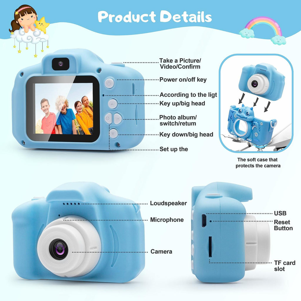 iMisH Kids Camera 1080p Video 1000mAh Battery 32GB TF Card Shockproof Blue