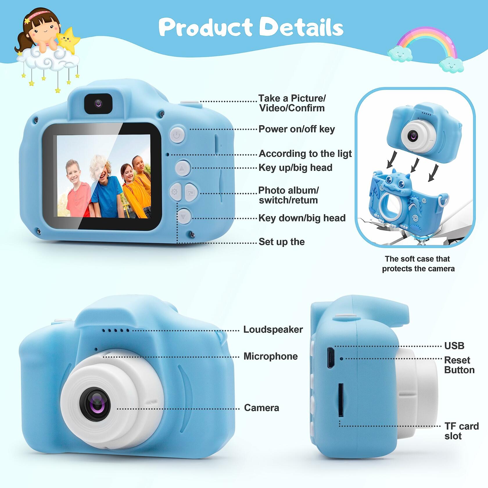 iMisH Kids Camera 1080p Video 1000mAh Battery 32GB TF Card Shockproof Blue