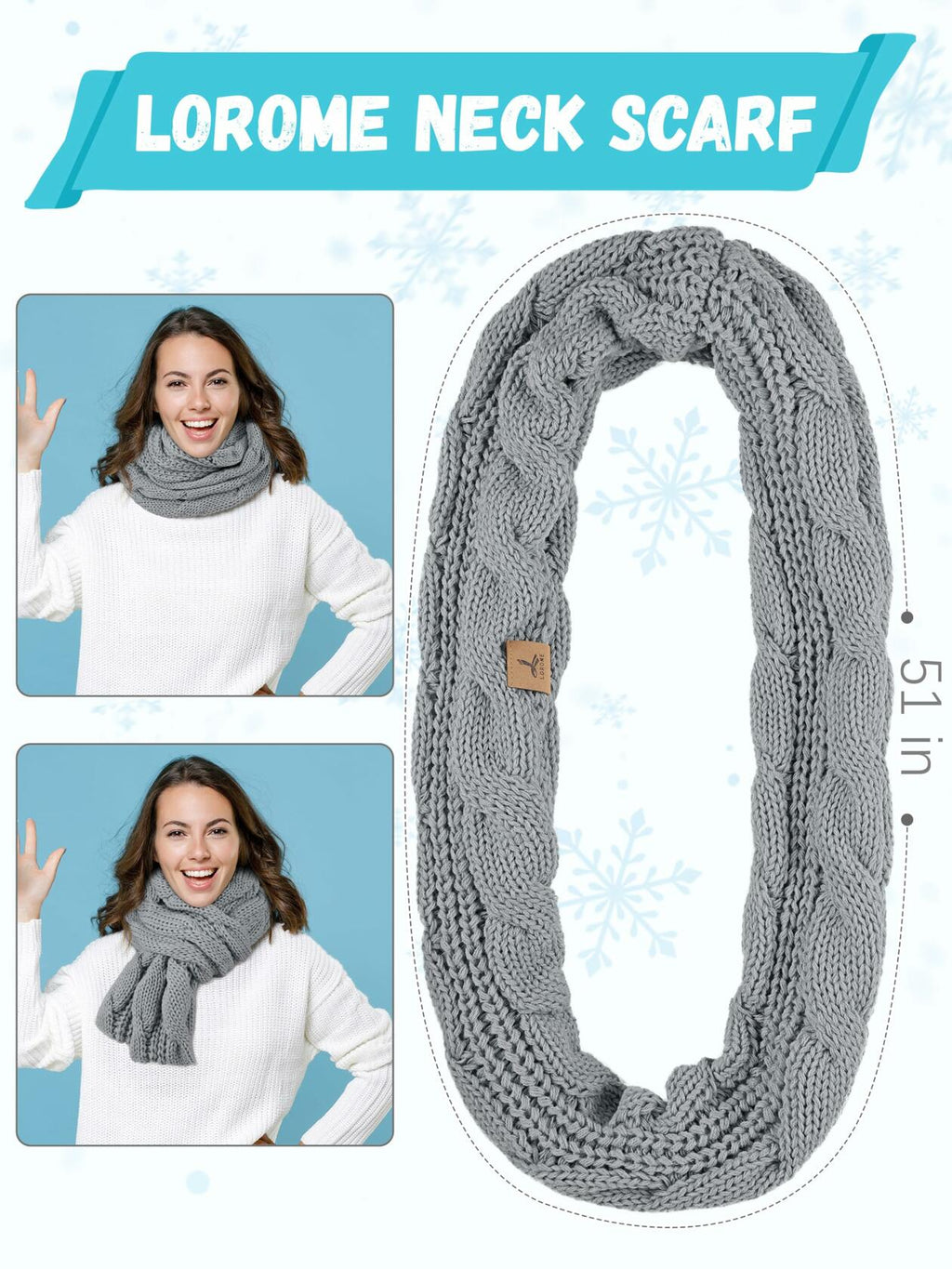 LOROME Winter Beanie Hat Scarf Gloves Set Light Gray Acrylic Size 5 1/8-7 7/8