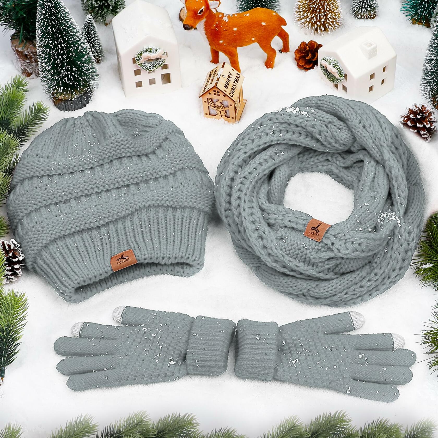 LOROME Winter Beanie Hat Scarf Gloves Set Light Gray Acrylic Size 5 1/8-7 7/8