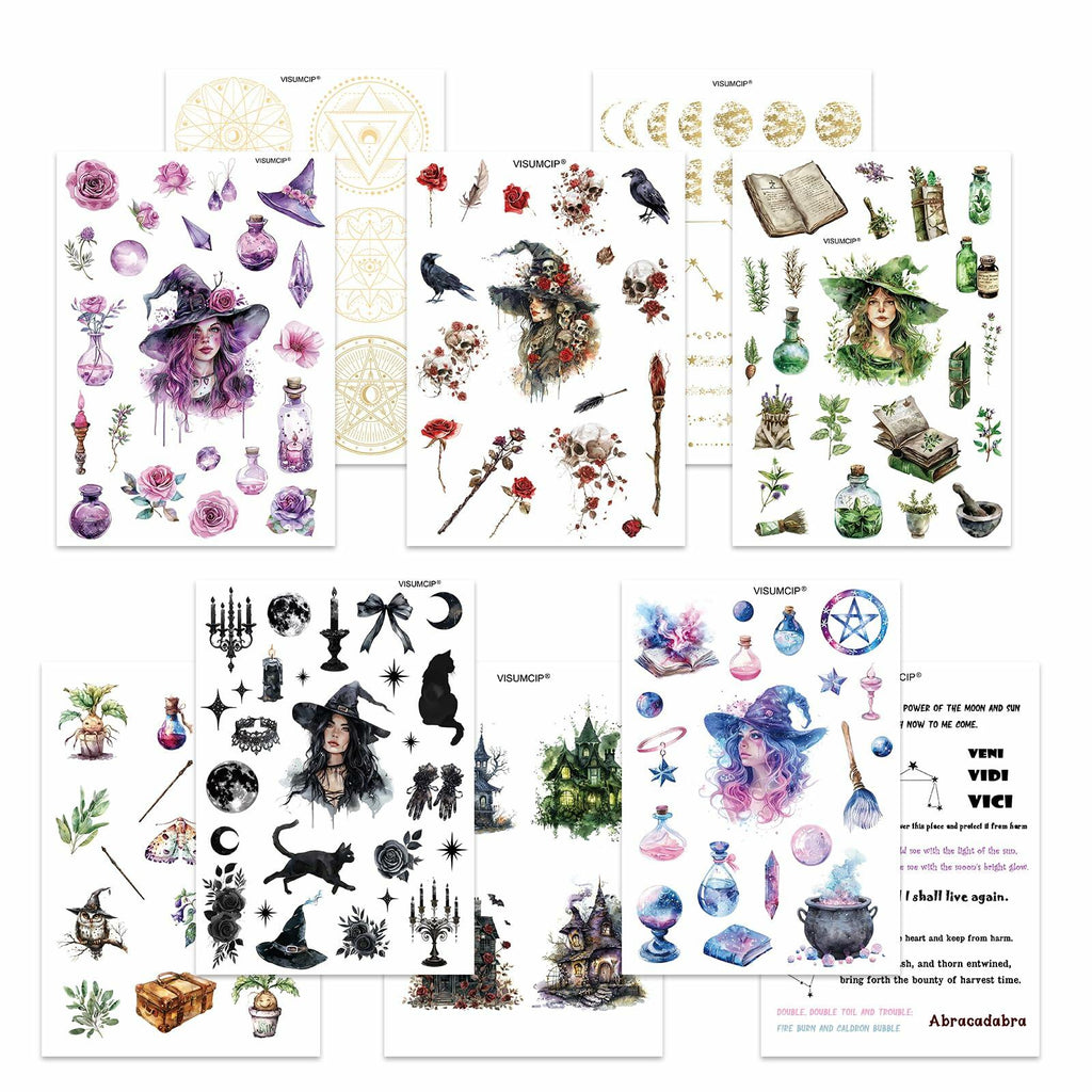 VISUMCIP Witch Stickers 10 Sheets Pre-Cut Journaling Washi Scrapbooking Magic