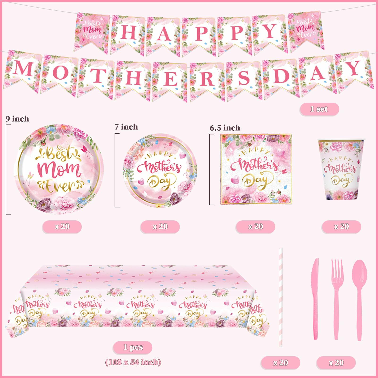 Janinus 162PCS Mothers Day Party Supplies Banner Tablecloth Heart Floral