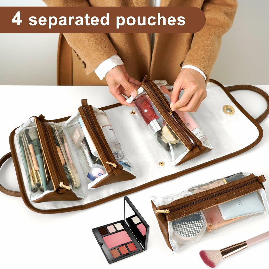 voioe Travel Makeup Organizer Bag Foldable Toiletry Large Capacity Brown