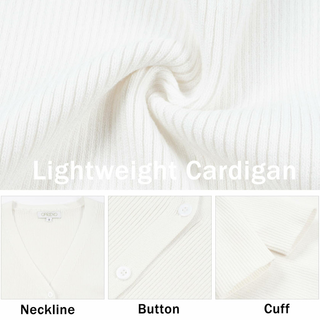 OPREXO Women's Ribbed Knit V Neck Button Down Cropped Cardigan White Size L