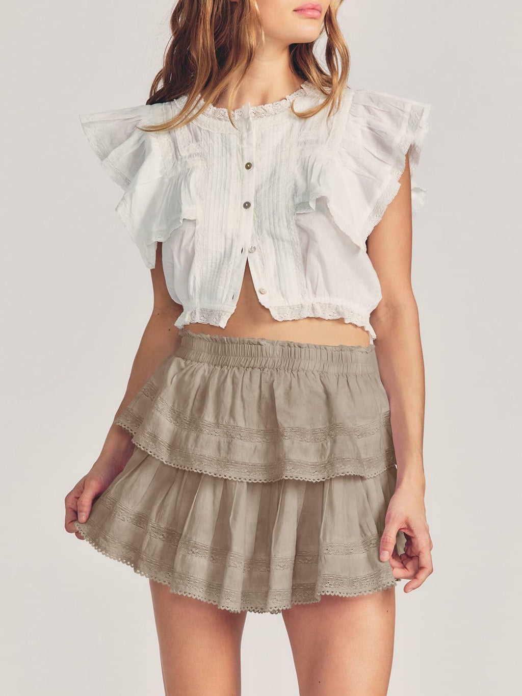 Cicy Bell Womens Lace Mini Skirt High Waisted Ruffle Camel Size XL