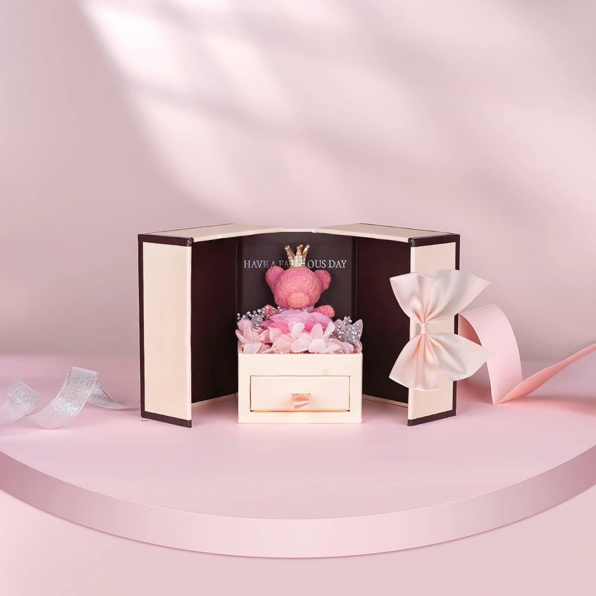 Generic Preserved Rose Gift Box with Pink Moss Bear & Necklace Gift