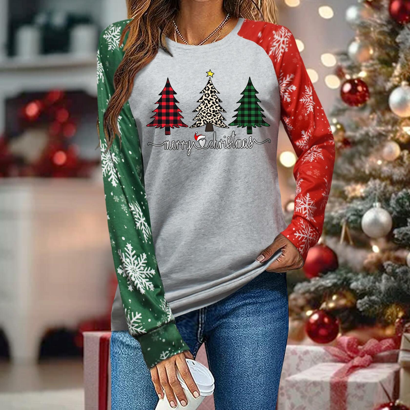 ADIAOA Women's Christmas Color-Block Botany Cartoon Shirt Greentree Size L