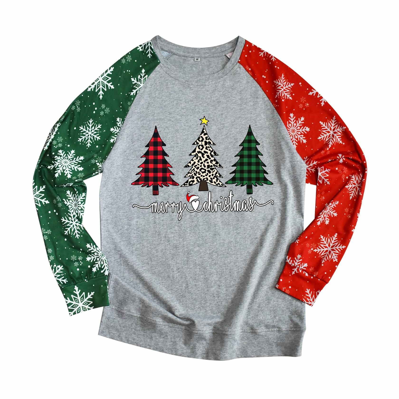 ADIAOA Women's Christmas Color-Block Botany Cartoon Shirt GreenTree Size M