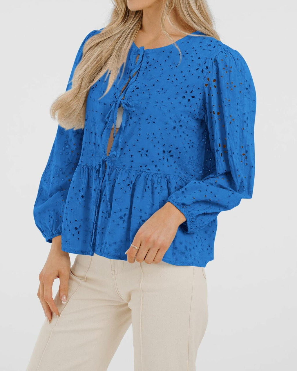 KIRUNDO Babydoll Long Sleeve Tie Front Eyelet Top Blue Size L