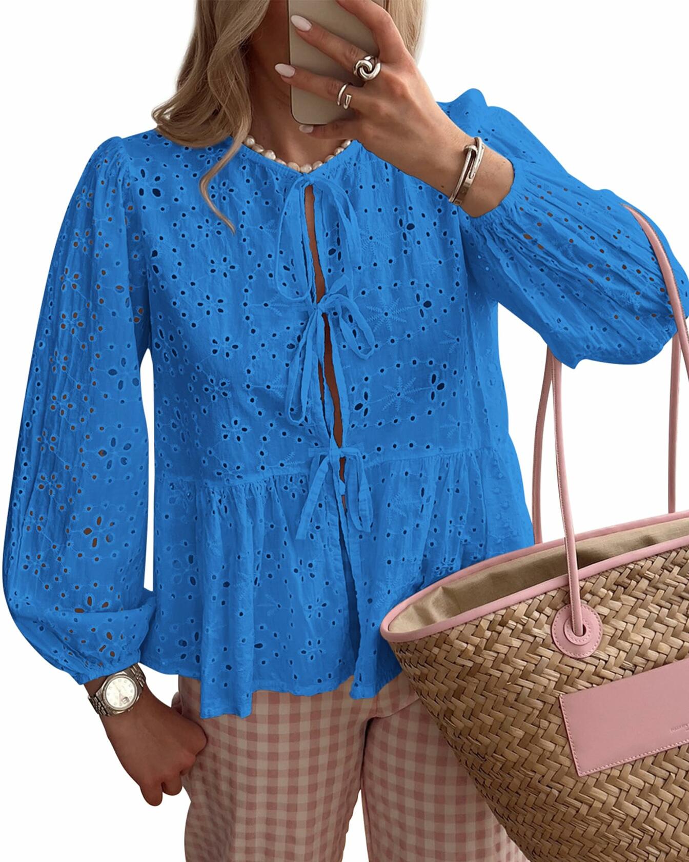 KIRUNDO Babydoll Long Sleeve Tie Front Eyelet Cotton Top Blue Size XL