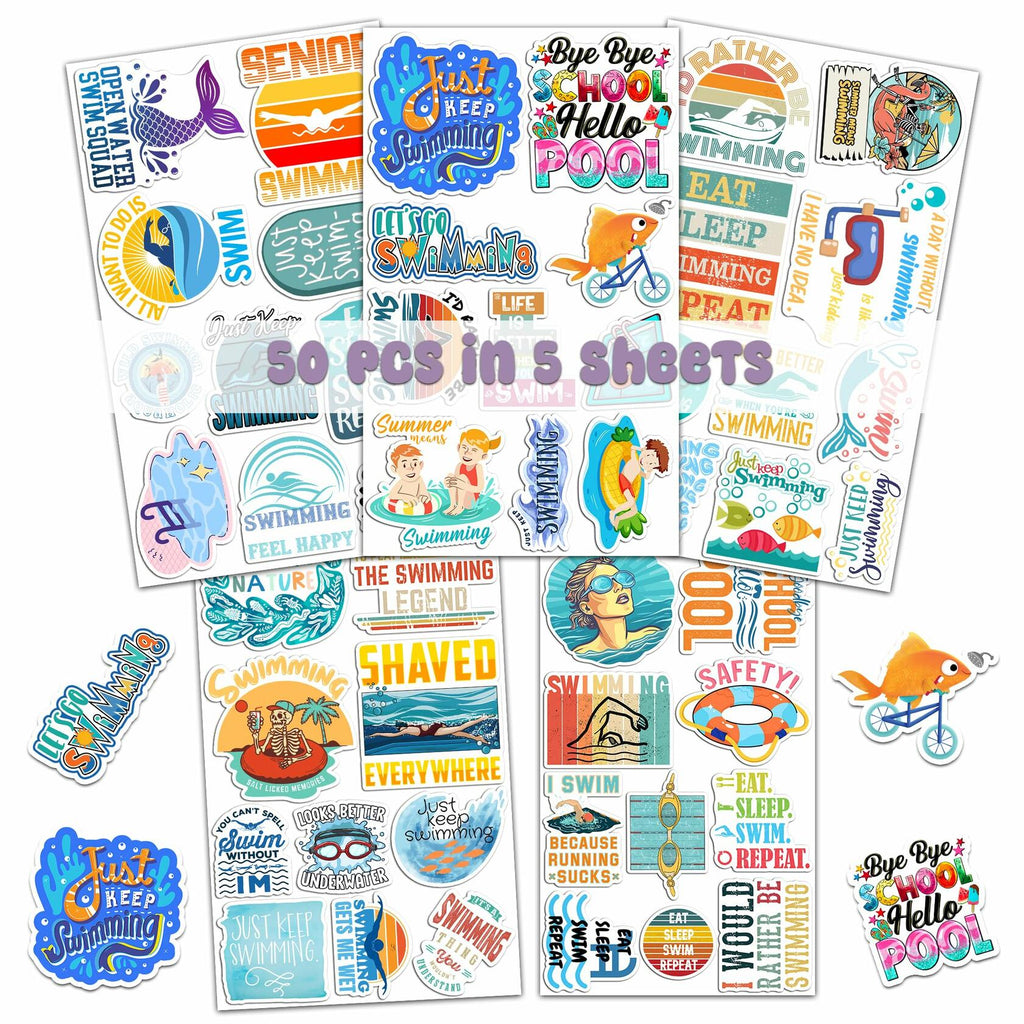 BIGZORO 50PCS Waterproof Swimming Stickers Decals Vinyl for Laptop Water Bottles