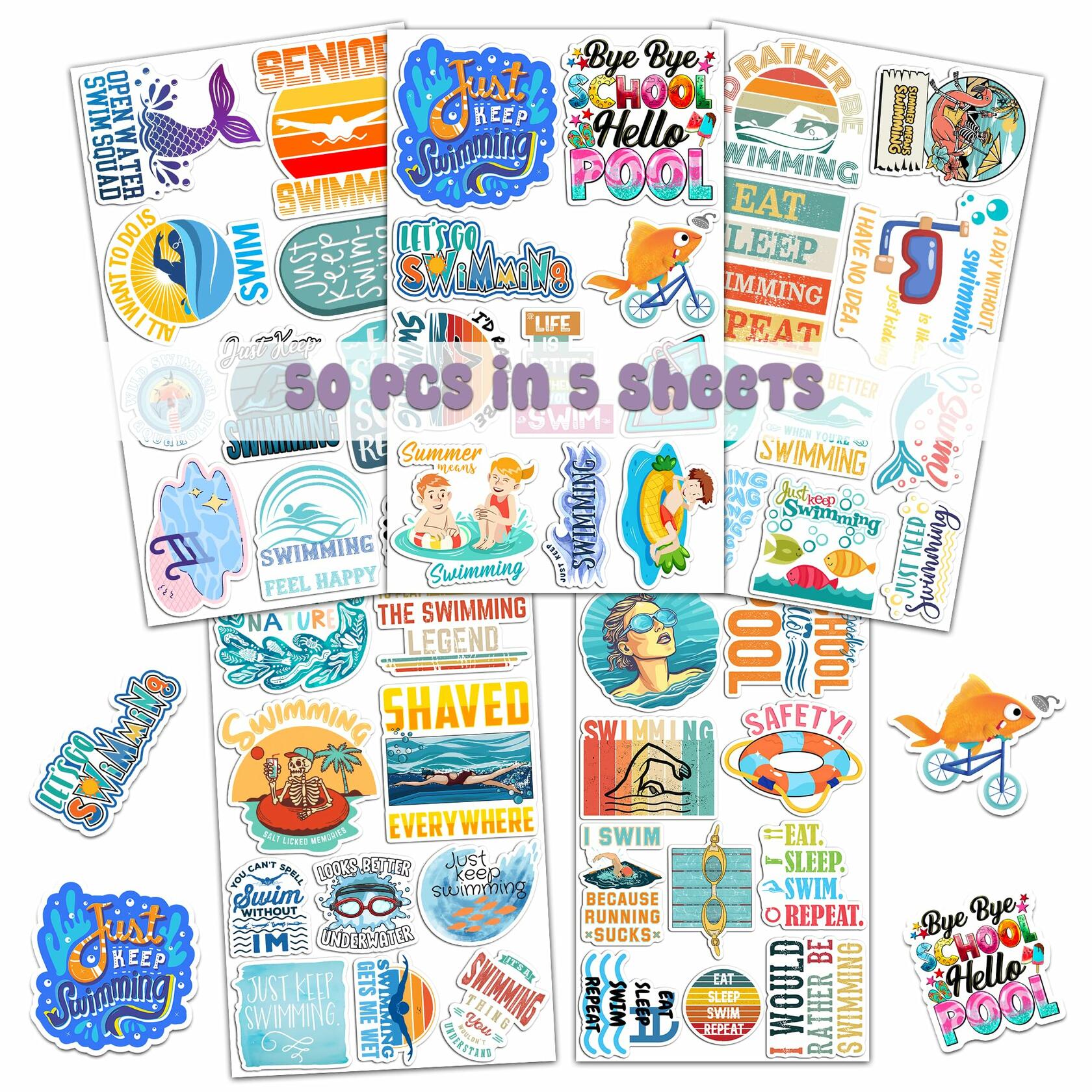 BIGZORO 50PCS Waterproof Swimming Stickers Decals Vinyl for Laptop Water Bottles