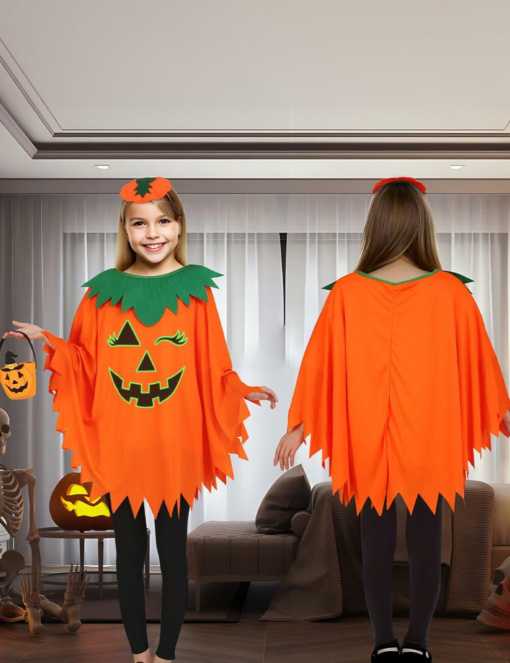 qqpouc Pumpkin Costume Glow in Dark Halloween Poncho Headband Candy Bags 3-7Y