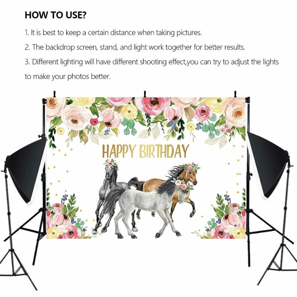 JICONEE Horse Birthday Party Backdrop Western Bohemian Wildflower 7x5ft