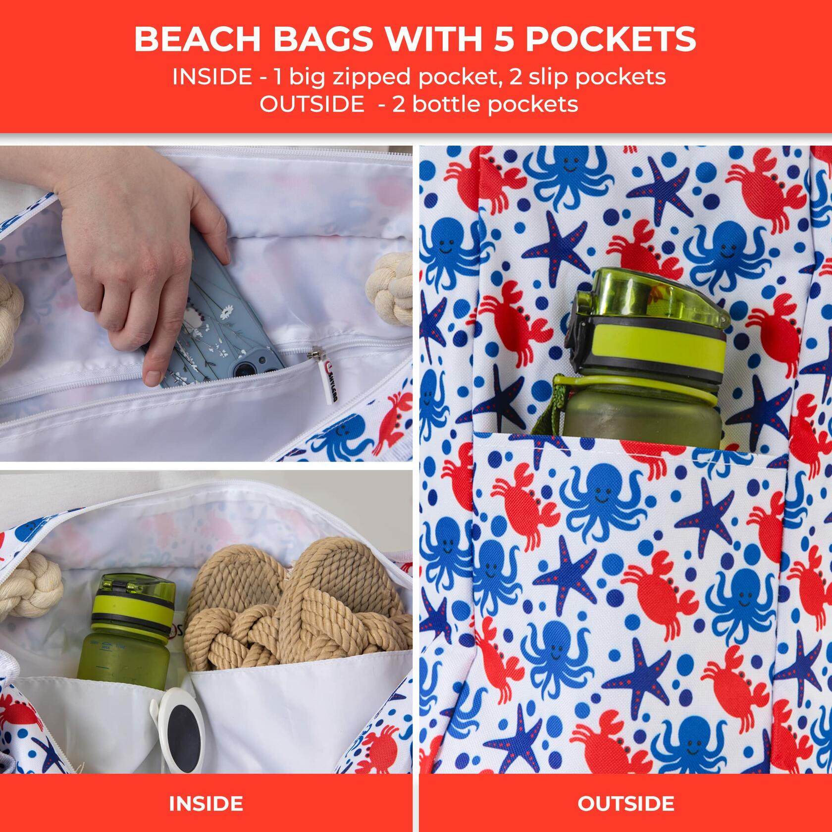 SHYLERO Waterproof Beach Tote Bag with Airtight Pouch & Key Holder L22xH15xW6