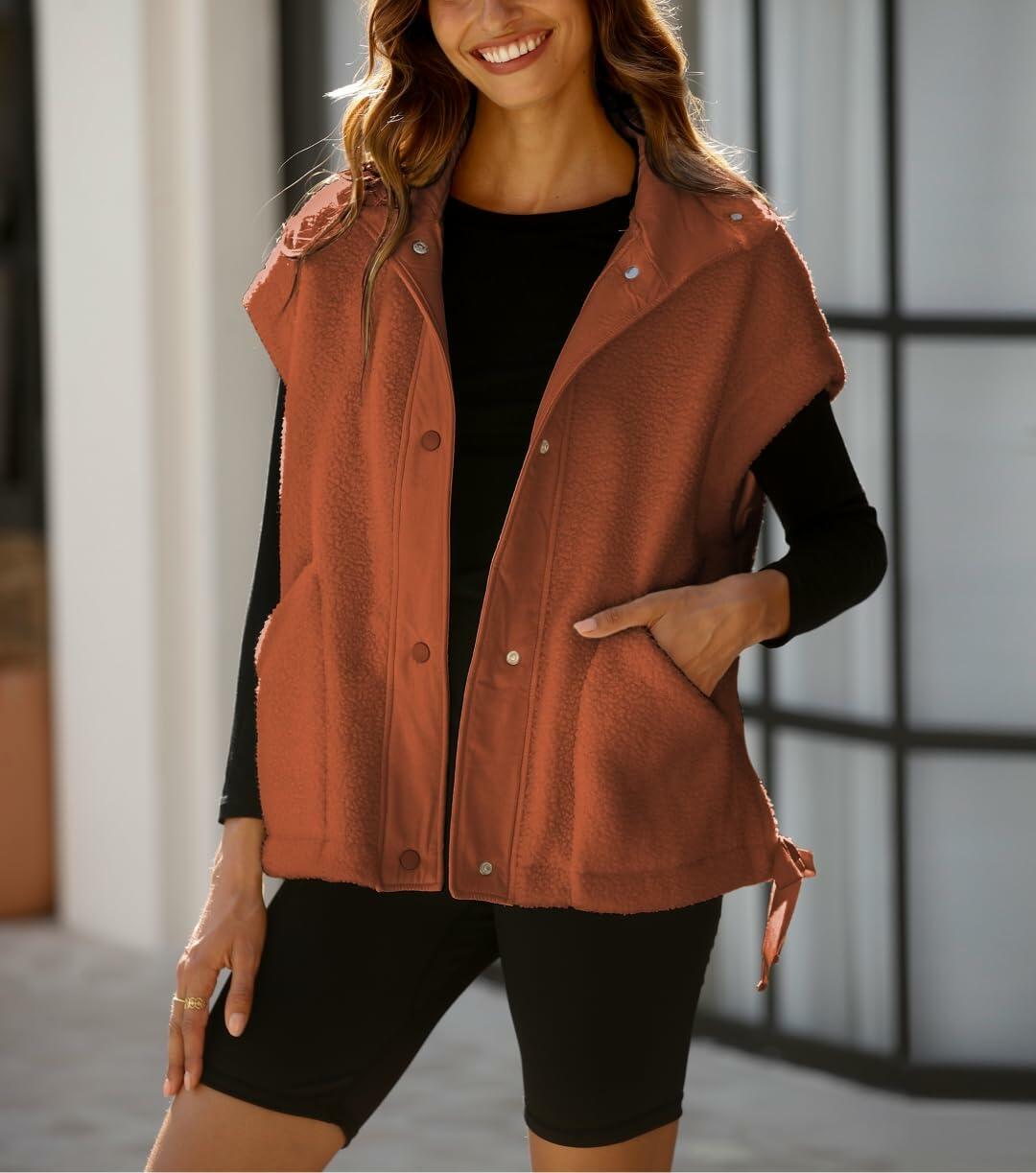 Yozazzy Sherpa Vest Women Sleeveless Fleece Zip Up Rust Size S