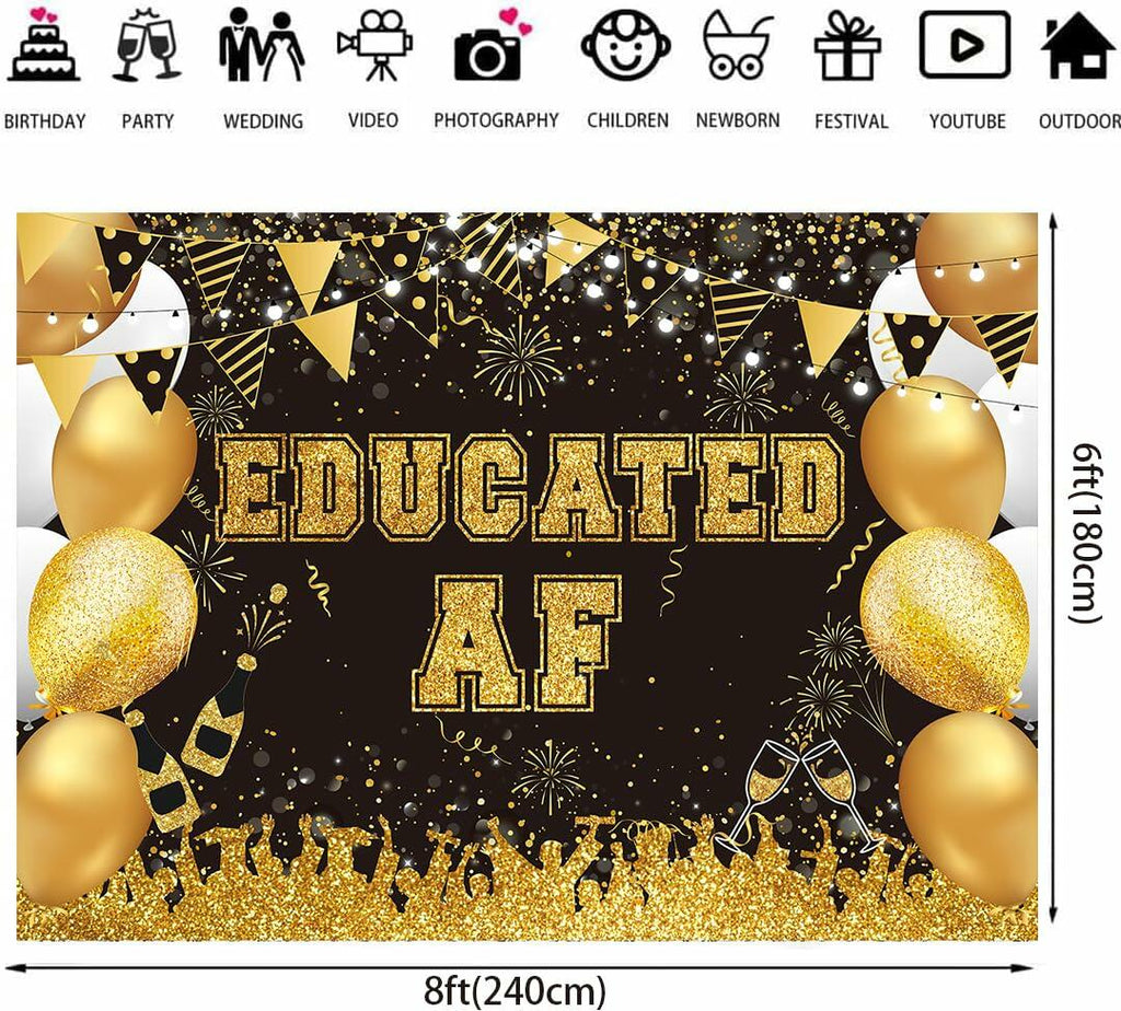 BUTEN Educated AF Graduation Banner 2025 Congrats Grad Black Gold 6x4FT