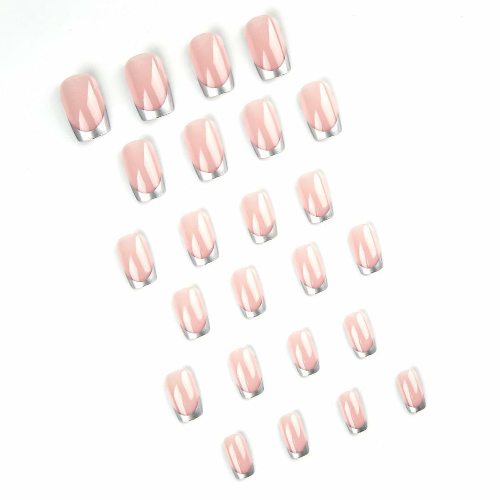 SHANRUN Pink Press On Nails Short Square Silver French 24 Pcs