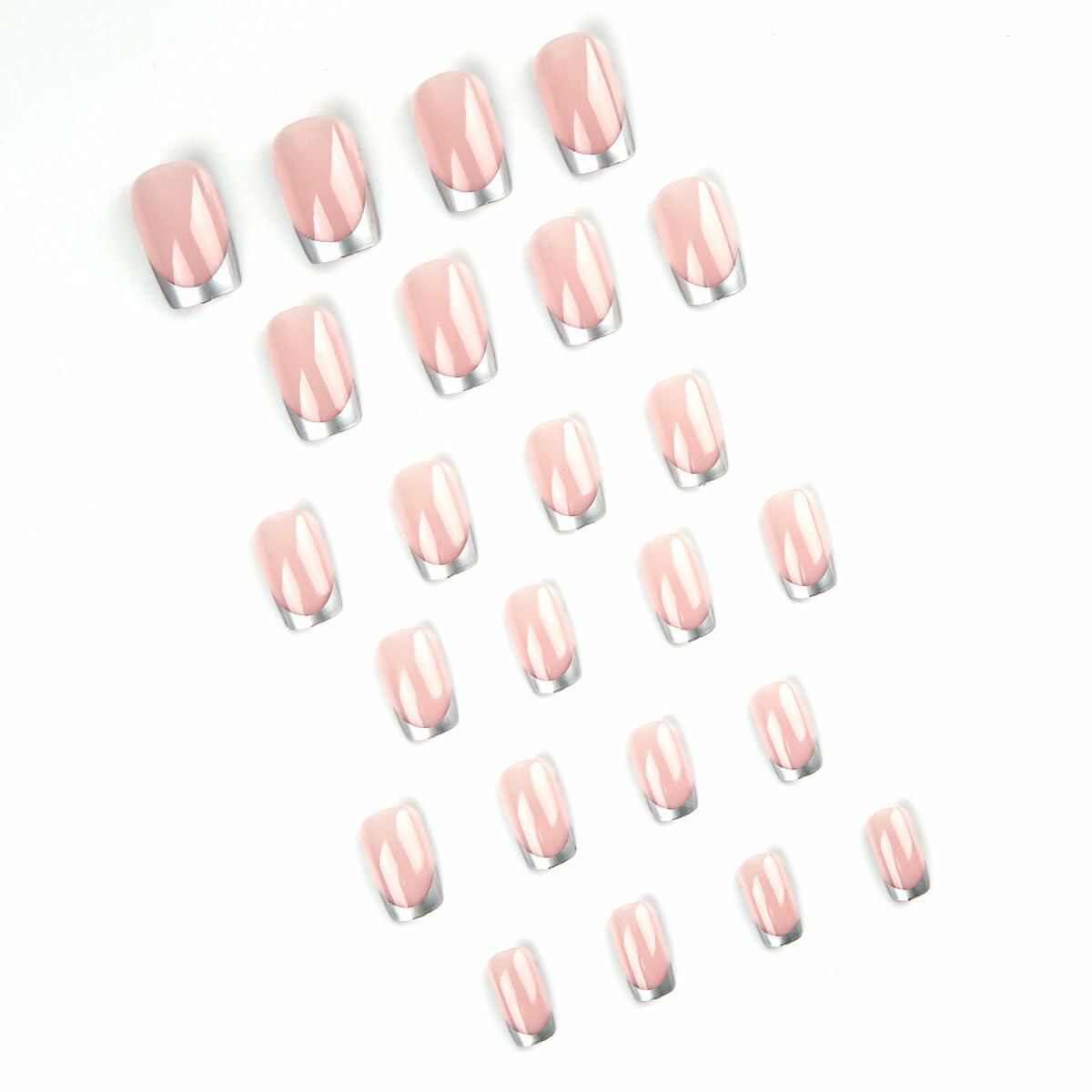 SHANRUN Pink Press On Nails Short Square Silver French 24 Pcs