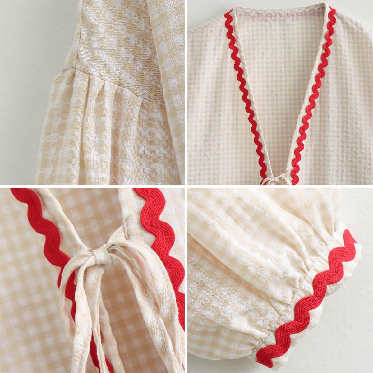 MANGMAO Coquette Tie Front Valentine Shirt Khaki Gingham Long Sleeve Size L