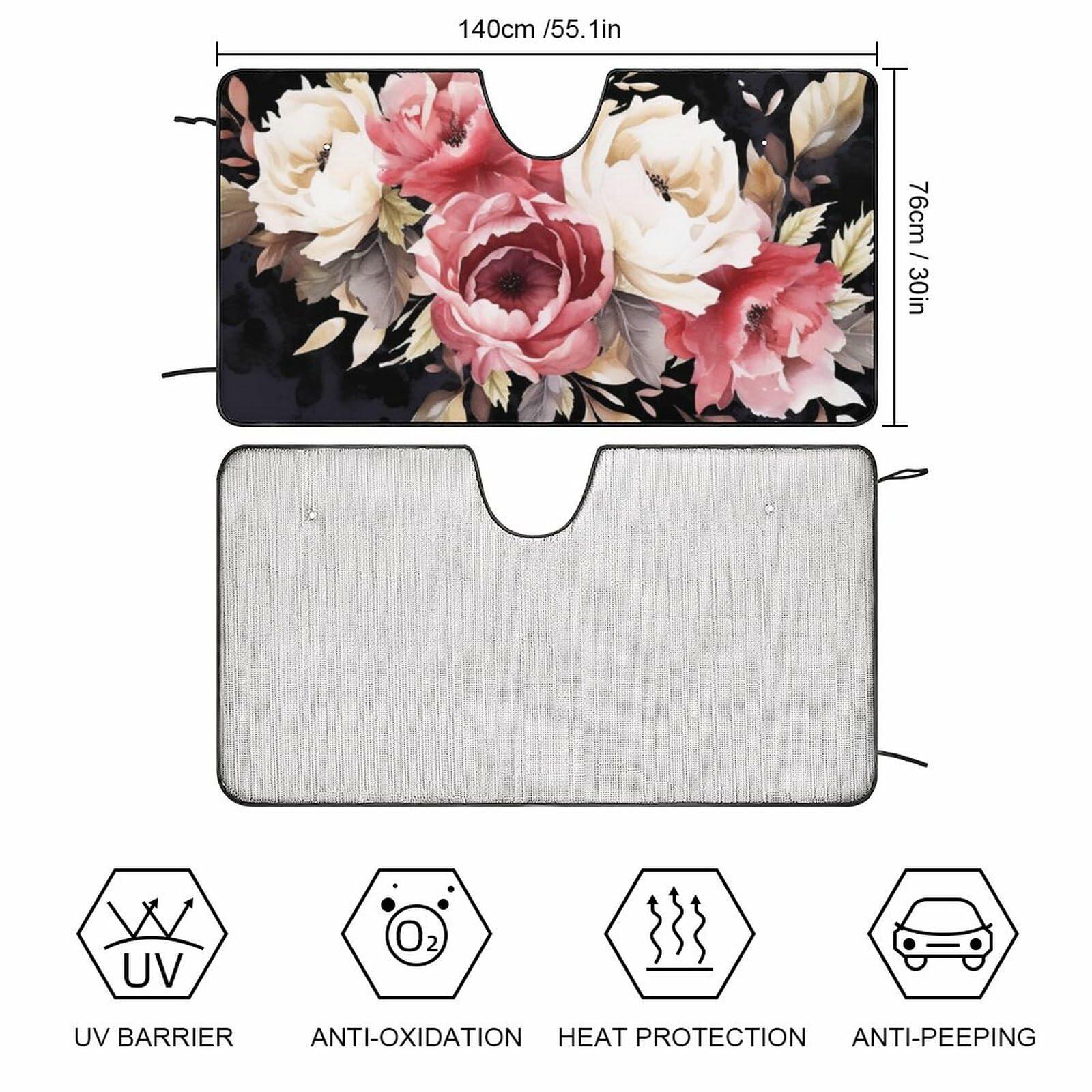 BAHELS Watercolor Black Floral Windshield Sun Shade UV Protector 55x30