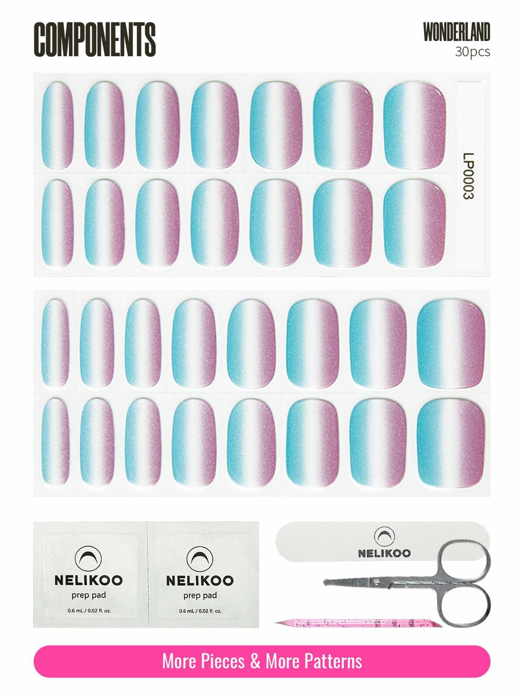 Nelikoo Semi Cured Gel Nail Strips 30 pcs Wonderland 2 Weeks Lasting