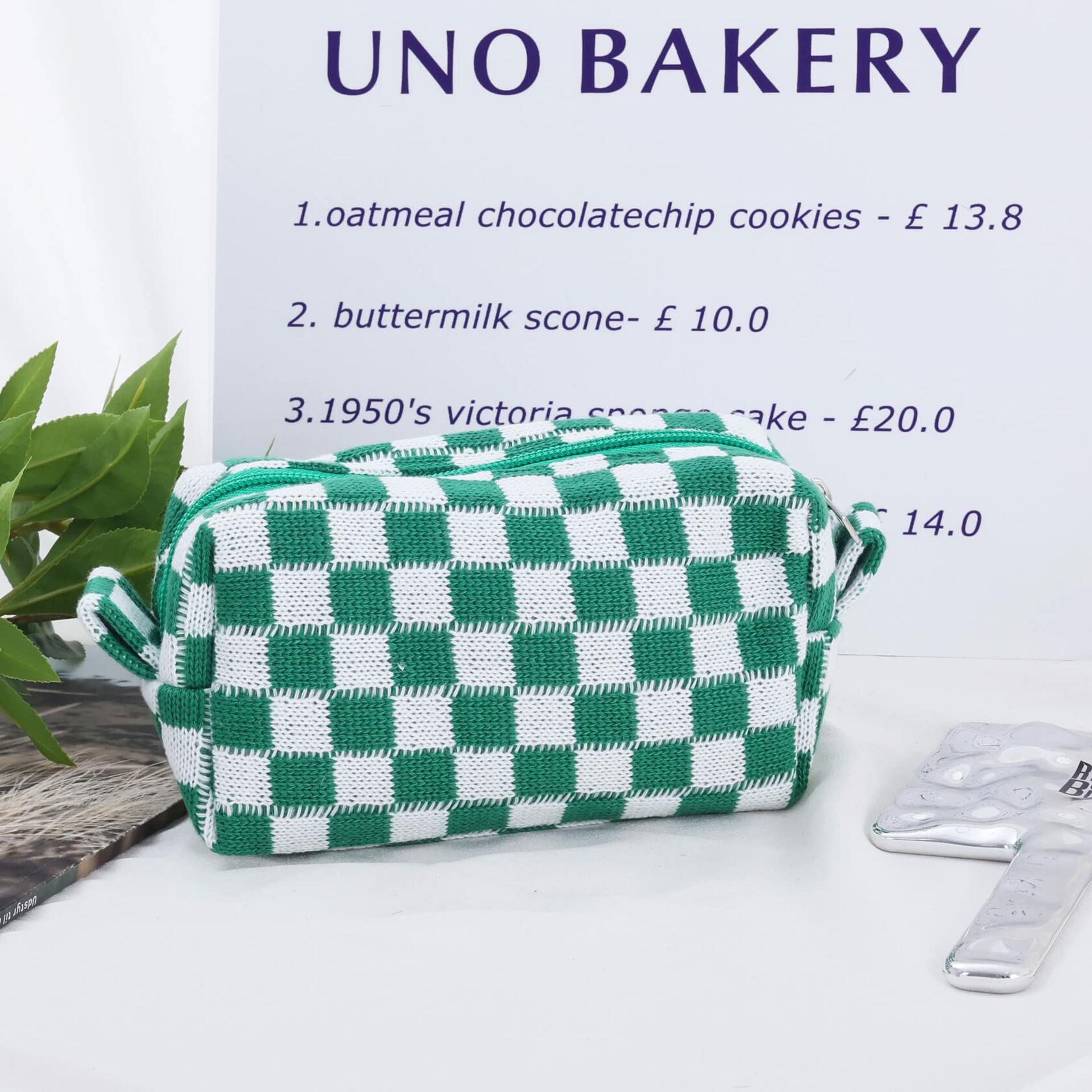 GUTGNK 2-Pack Large Checkered Knitted Makeup Bags Cosmetic Pouch Green White