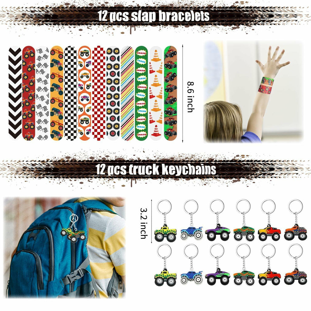 XIPEGPA Truck Party Favors Set - Keychains Slap Bracelets Stickers Straws