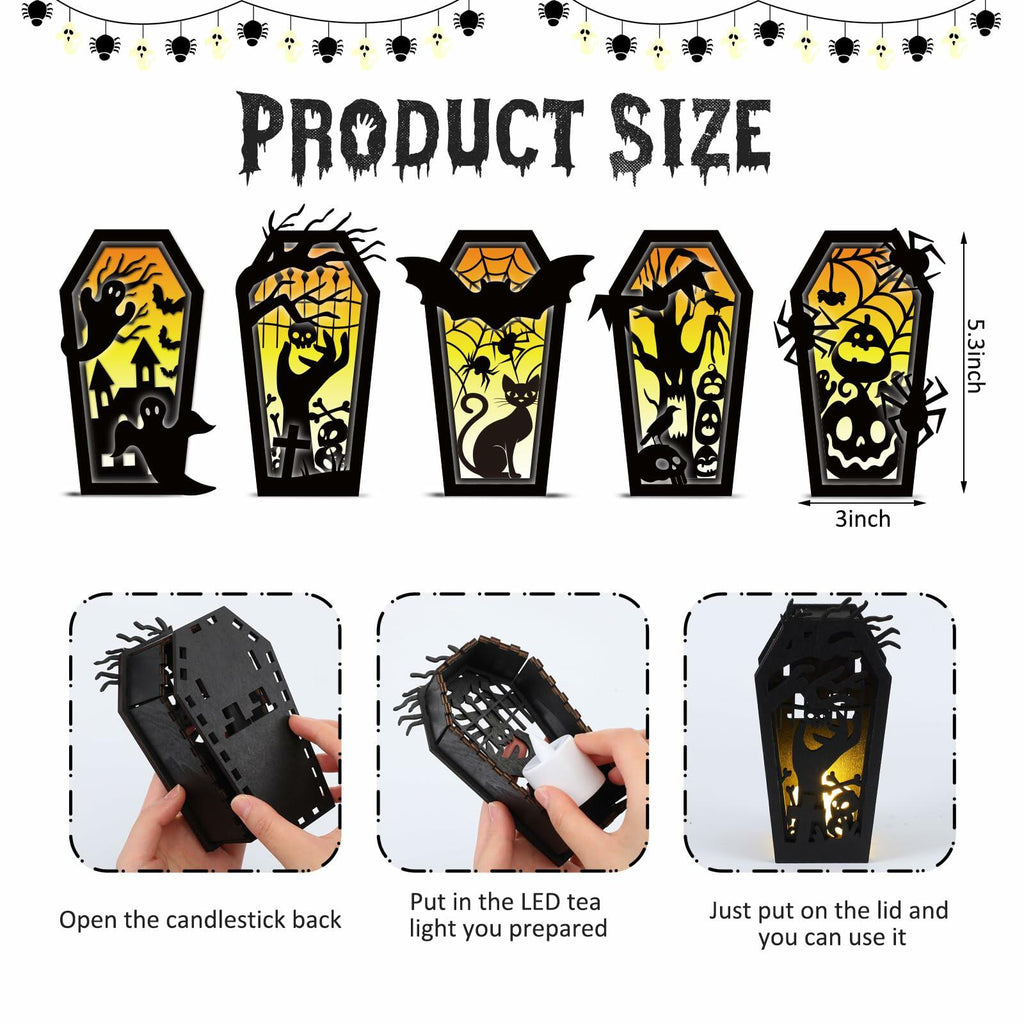 GlikCeil Halloween Wood Coffin Candle Holders 5 Pcs Black Gothic Decor