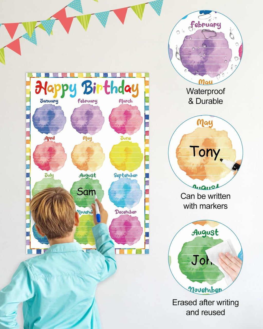 PETCEE Watercolor Birthday Poster Classroom Decor 16.5x11.2 BirthdayPoster-A