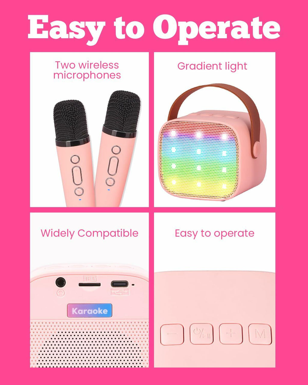 VERKB Kids Karaoke Machine Bluetooth Speaker 2 Wireless Mics Pink