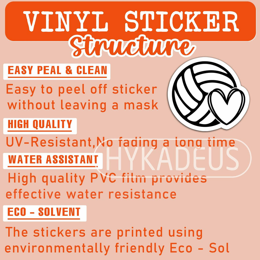 HYKADEUS Volleyball Stickers Waterproof Vinyl Decals 3"x2.7" 3PCS Heart Design