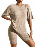 WDIRARA Women's Ribbed Half Sleeve Tee & Biker Shorts Set Khaki Size S