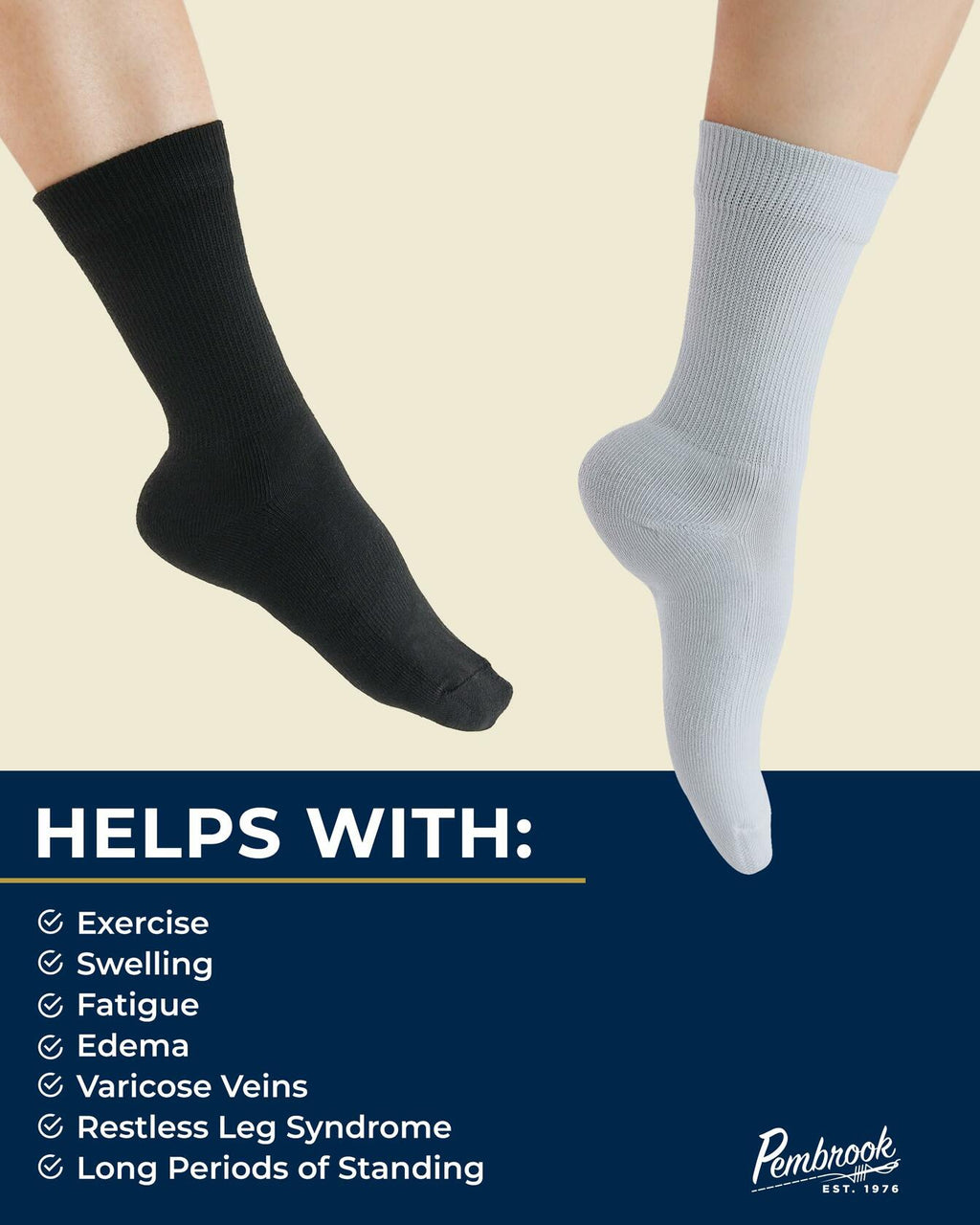 Pembrook Diabetic Compression Crew Socks Women 2 Pairs Black/White Size L
