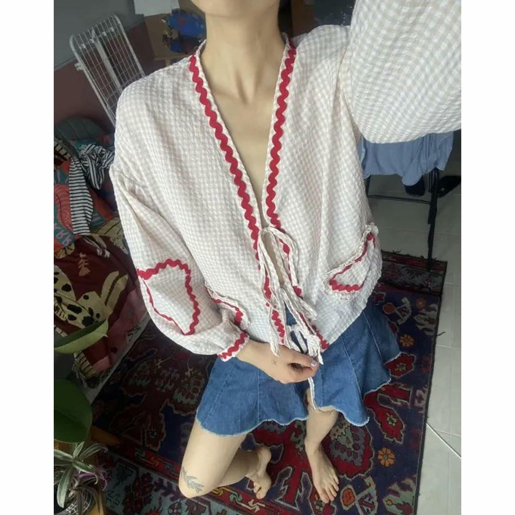 MANGMAO Gingham Babydoll Tie Front Puff Sleeve Top Khaki Size S