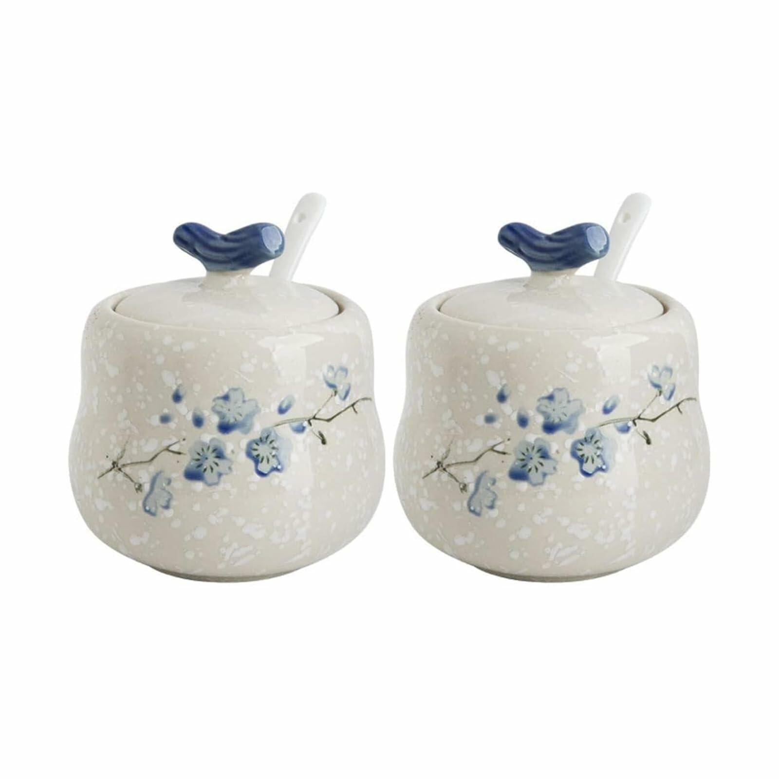 YMYL Ceramic Sugar Bowl Set 2 Blue Floral 13.5oz with Lid & Spoon Retro