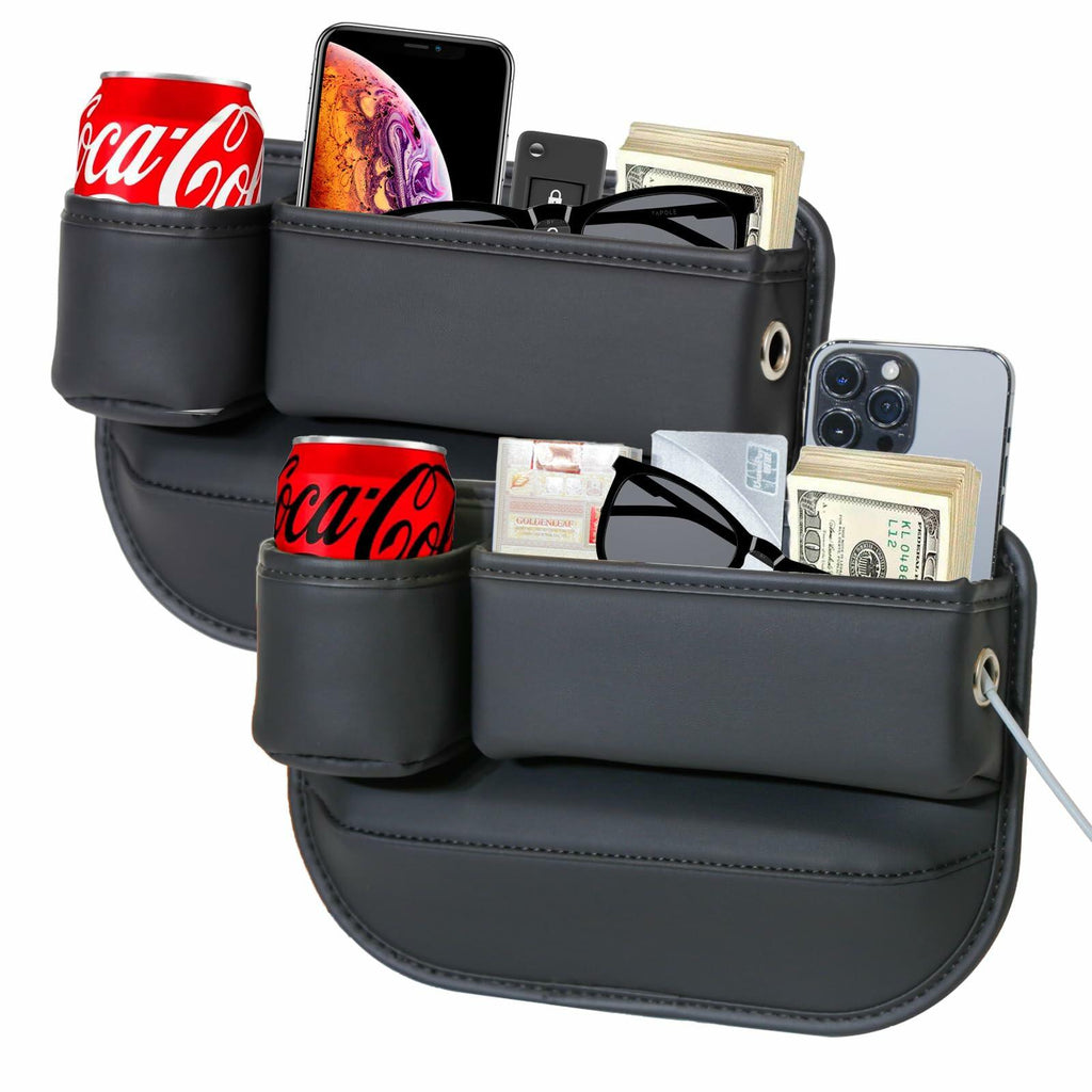 INTMOOD 2 Pack Car Seat Gap Organizer Leather Cup Holder Storage Box Black
