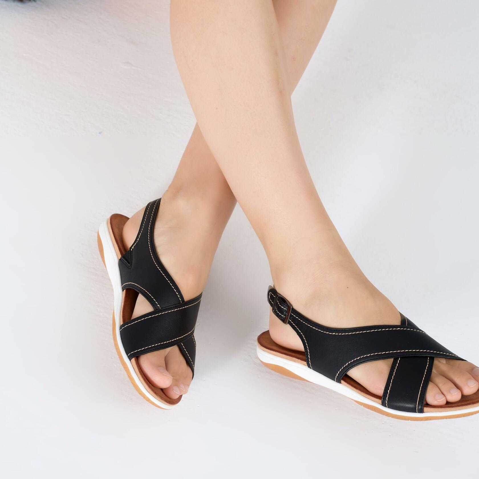 UBFEN Womens Flat Sandals Arch Support Slingback Black Size 8