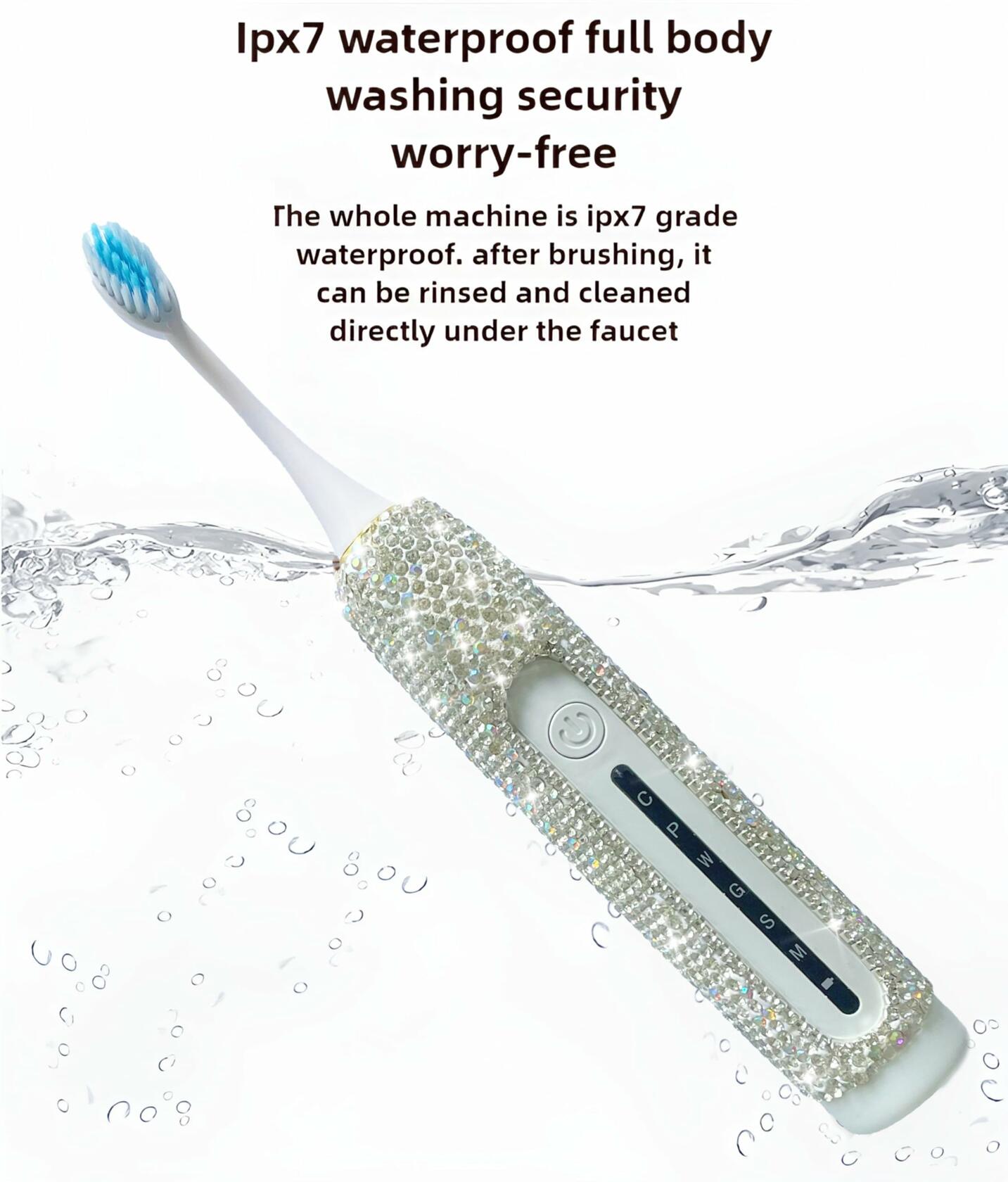 VFUIFRYI Electric Toothbrush Silver Bling 3 Heads 6 Modes Portable