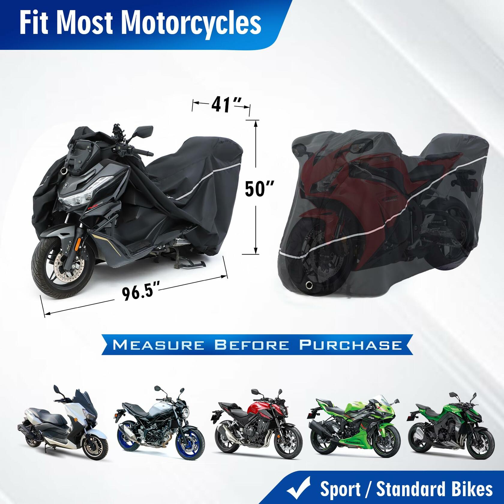 SUPCVR Motorcycle Cover Heavy Duty Waterproof UV-Proof Reflective Strips Black