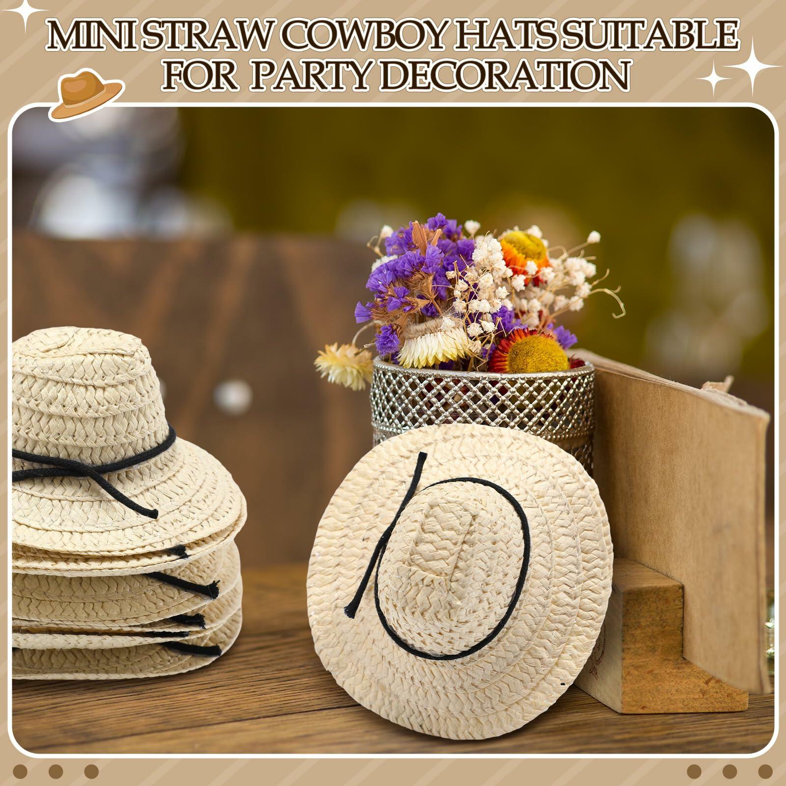 Cutecrop 12 Pcs Mini Cowboy Straw Doll Hats 4.72" Western Party Milk White Black
