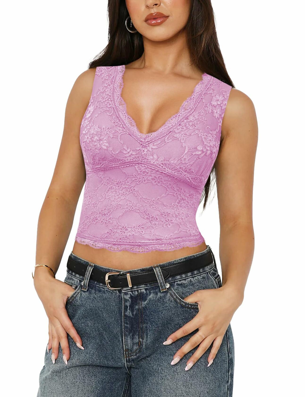 SAUNGKUAI Women's Sexy V Neck Sleeveless Lace Floral Top Bluenova Size M