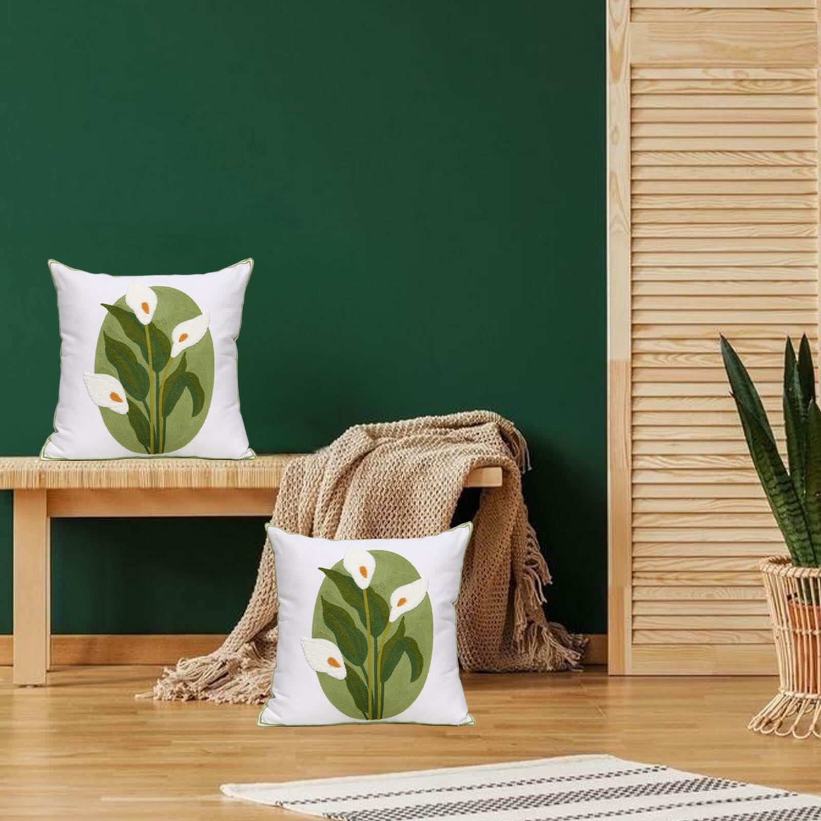 Pilmandu Embroidered Throw Pillow Covers 18x18 Calla Floral Pack of 2