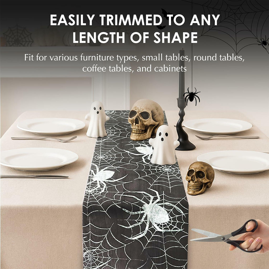 Sioloc Halloween Table Runner Silver Spider Web 13x72 Inch Black Polyester