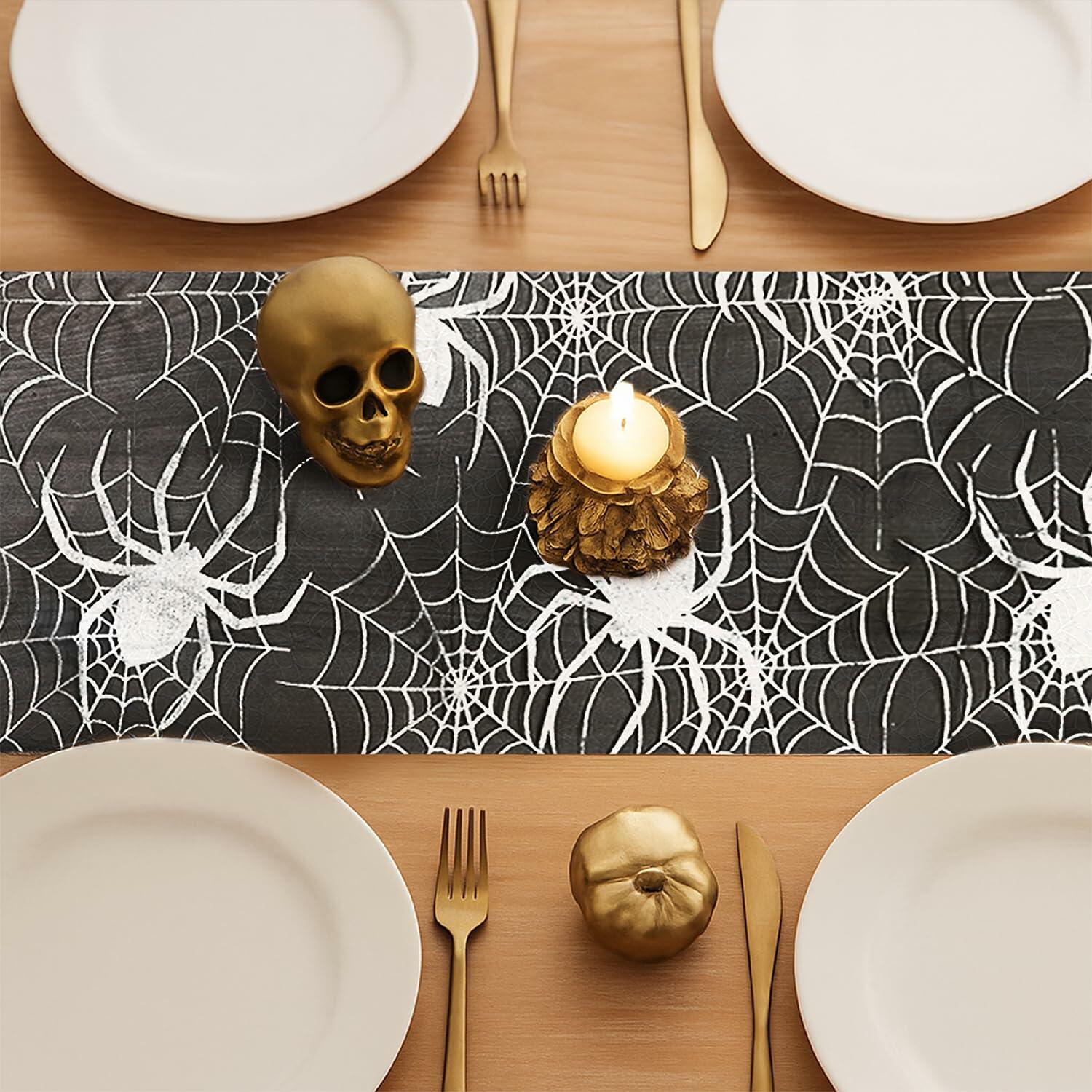 Sioloc Halloween Table Runner Silver Spider Web 13x72 Inch Black Polyester